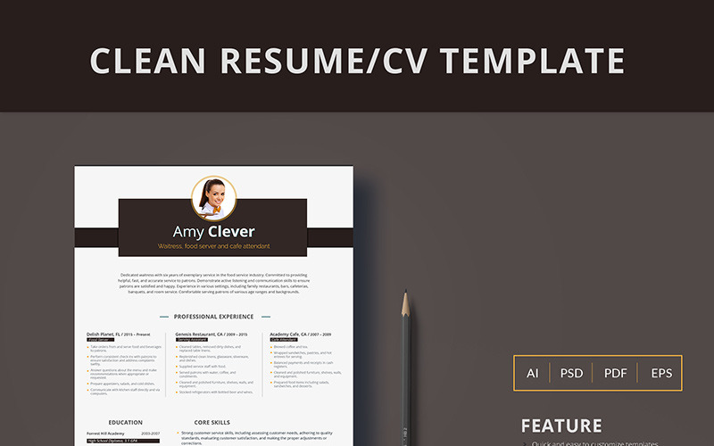 Amy Clever - Waitress, Food Server and Cafe Attendant Resume Template