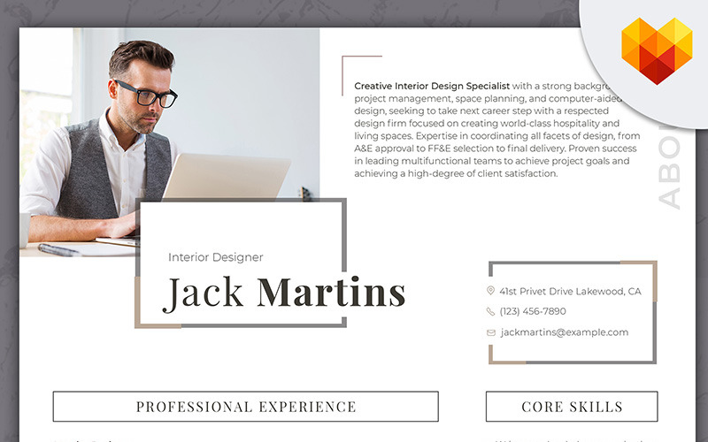 Download Резюме "Пример резюме проектировщика" / Jack Martins - Interior Designer Resume Template - Резюме на тему графика interior designer decor decorator creative construction contemporary interdesign apartment furniture specialist