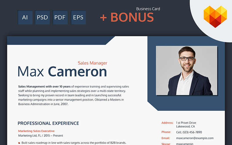 Download Резюме "Пример резюме образца продавца" / Max Cameron - Sales Manager Resume Template - Резюме на тему графика 