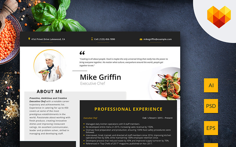 Download Резюме "Пример резюме повара на работу" / Mike Griffin - Executive Chef Resume Template - Резюме на тему графика 