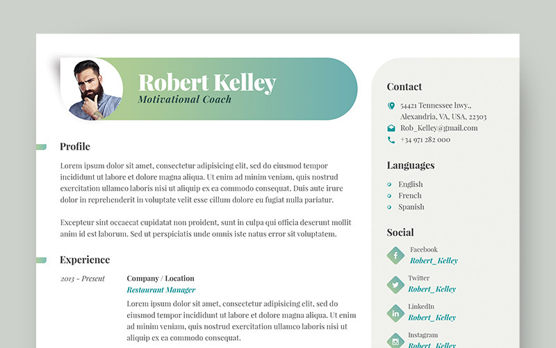 Download Резюме "Готовый пример резюме на работу водителем" / Robert Kelley - Motivational Coach Resume Template - Резюме на тему графика resume cv printable customizable free-fonts psd editable ai professional a4 cmyk print-ready 300dpi cover-letter pdf photoshop illustrator vector bleeds