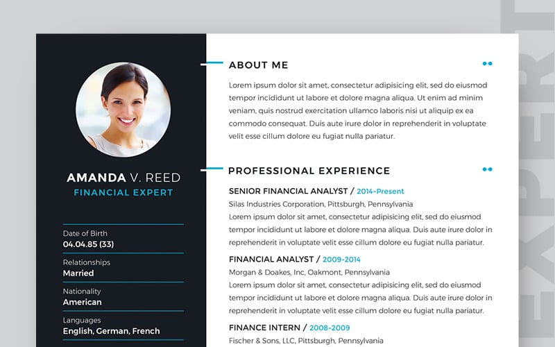 Download Резюме "Пример бланка резюме на работу" / Amanda V Reed Financial Expert Resume Template - Резюме на тему графика vc resume professional cover-letter psd ai doc pdf illustrator photoshop word vector 300dpi print-ready customizable free-fonts google clean bleeds cmyk