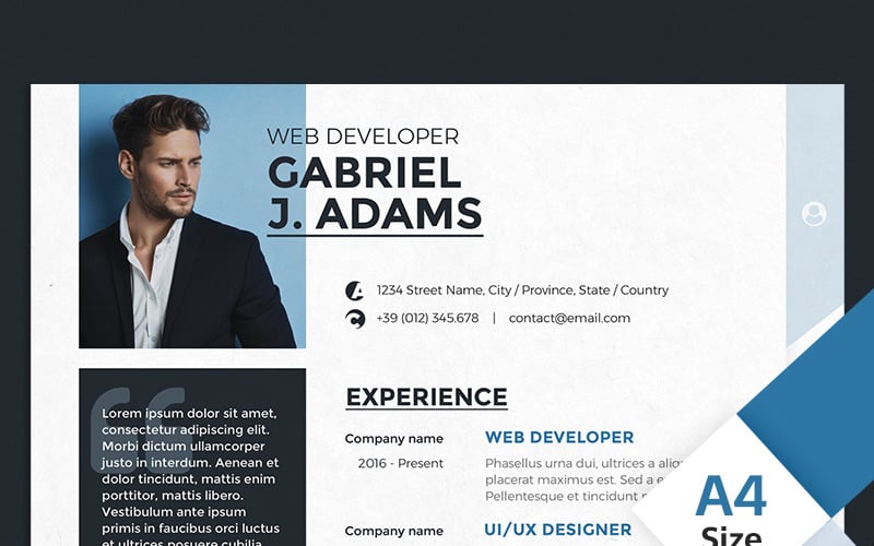 Download Резюме "Пример резюме программиста" / Gabriel J Adams - Web Developer Resume Template - Резюме на тему графика cv resume business-card web prontable professional developer a4 cmyk vector customizable