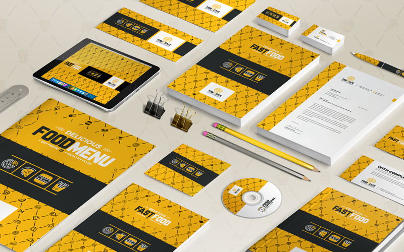 Download Бандл элементов корпоративной айдентики продуктовой компании / Stationery Mega Branding Identity Design For Fast Food Agency or Company - Фирменный стиль на тему графика fast food branding company restaurant identity brand bundle stationery big pack package full kit template corporate creative photoshop business pack