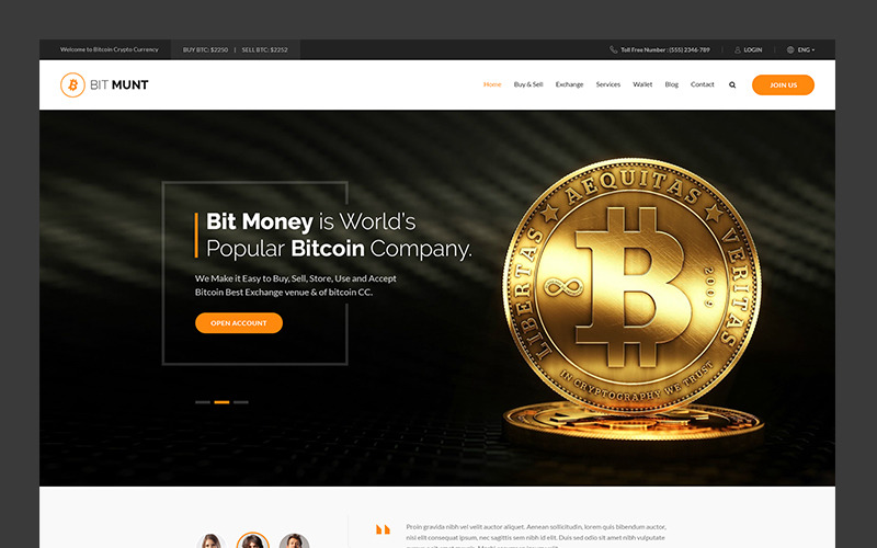 Bit Munt - modelo de página de destino de moeda criptográfica Bitcoin
