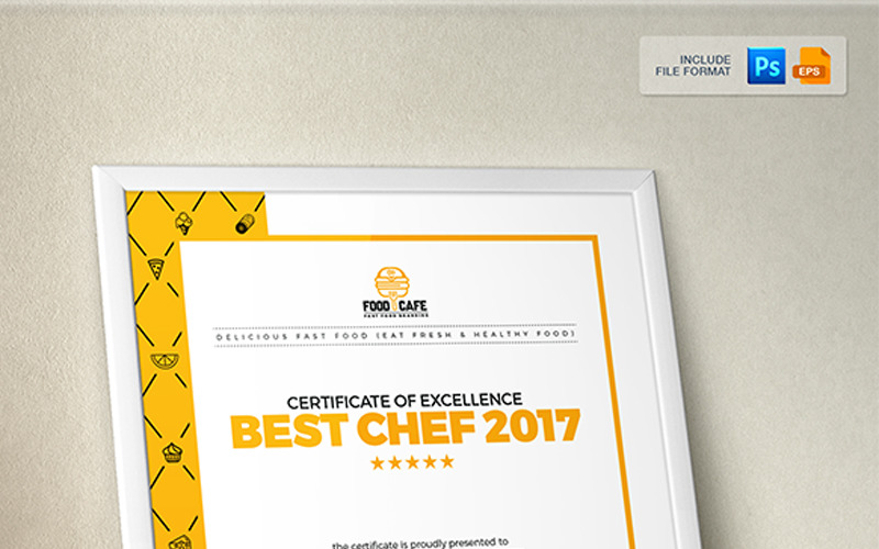 Download Шаблон сертификата "Certificate Design Template for Best Chef Fast Food and Restaurant Certificate Template" / Certificate Design Template for Best Chef Fast Food and Restaurant Certificate Template - Шаблон сертификата на тему графика fast food best chef 2017 2018 certificate design template gift templates vintage psd word ms graduation achievement multipurpose training degree