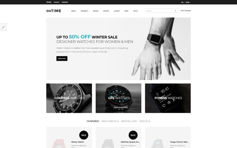 OnTime - modelo OpenCart de loja elegante de relógios e acessórios