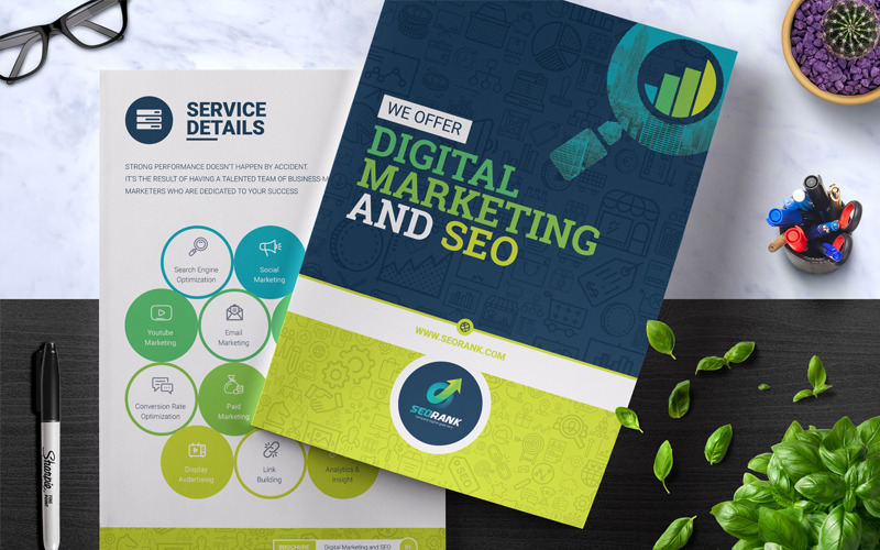 Download Фирменный стиль "SeoRank Bi-Fold Brochure - - Corporate Identity Template" / SeoRank Bi-Fold Brochure - - Corporate Identity Template - Фирменный стиль на тему графика seo search engine optimization digital marketing agency company optimise service keyword research on page off brochure design template advertising elegant