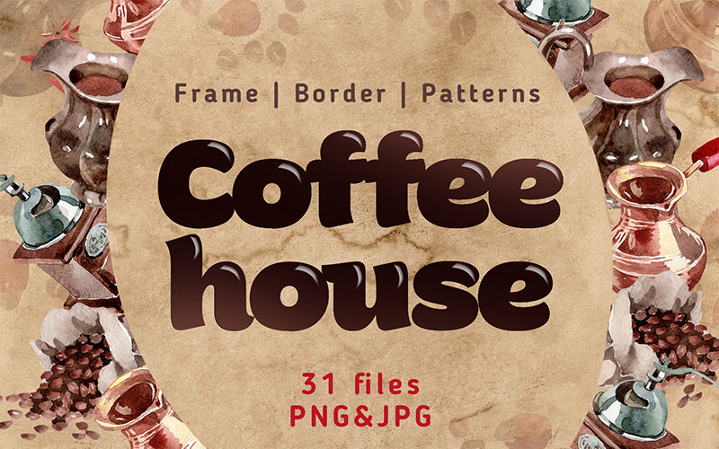 Coffee House PNG akvarel sada - ilustrace