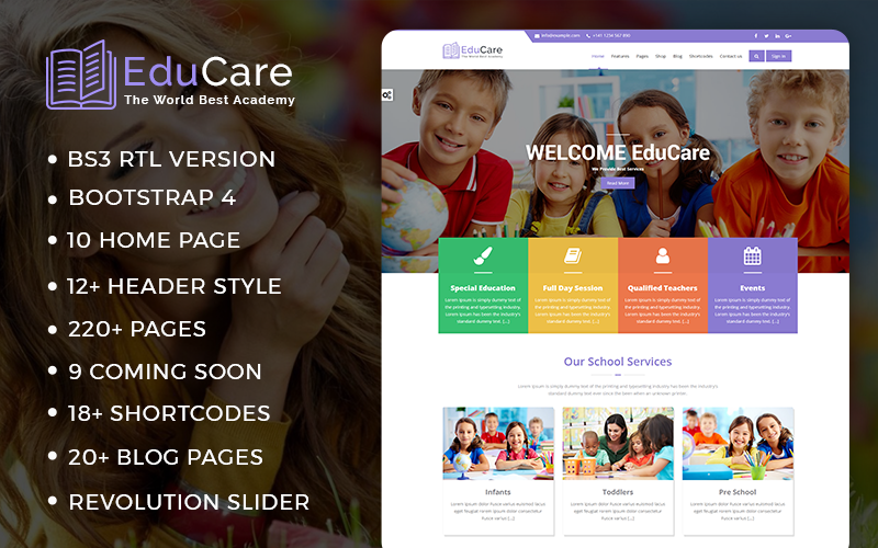 EduCare - Modèle de site Web pour l'éducation avec RTL Ready