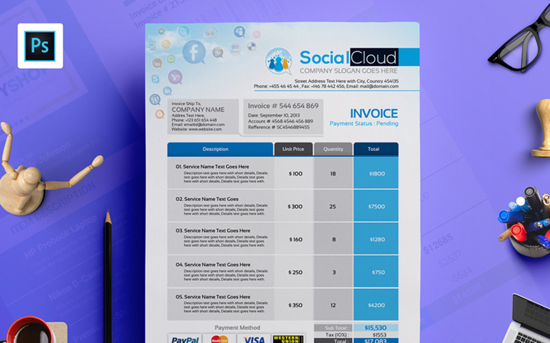 Download Фирменный стиль "Social Media Agency Invoice - - Corporate Identity Template" / Social Media Agency Invoice - - Corporate Identity Template - Фирменный стиль на тему графика social media agency company marketing seo invoice template design ms word psd eps clean bundle simple modern business cash memo