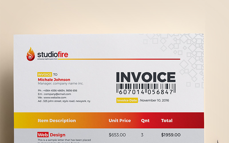 Download Фирменный стиль "StudioFire Clean Invoice - - Corporate Identity Template" / StudioFire Clean Invoice - - Corporate Identity Template - Фирменный стиль на тему графика invoice template design ms word psd eps clean bundle simple modern business cash memo a4 automatic bill creative excel indesign