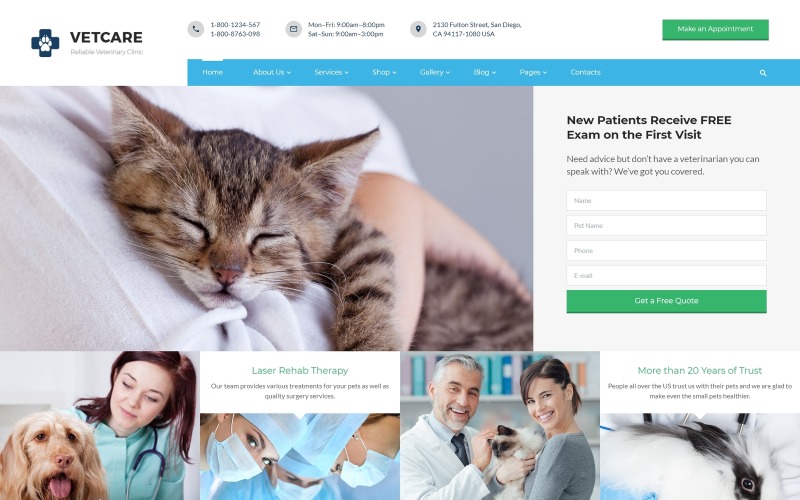 Vetcare - Çok Sayfalı Veteriner Kliniği HTML5 Web Sitesi Şablonu