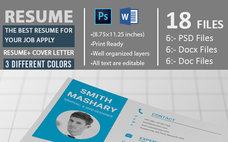Download Резюме "Пример резюме дизайнера" / Graphic Designer - Resume Template - Резюме на тему графика resume a4 blue illustrator career clean cv cover letter creative curriculum vitae design template editable elegant job light professional psd