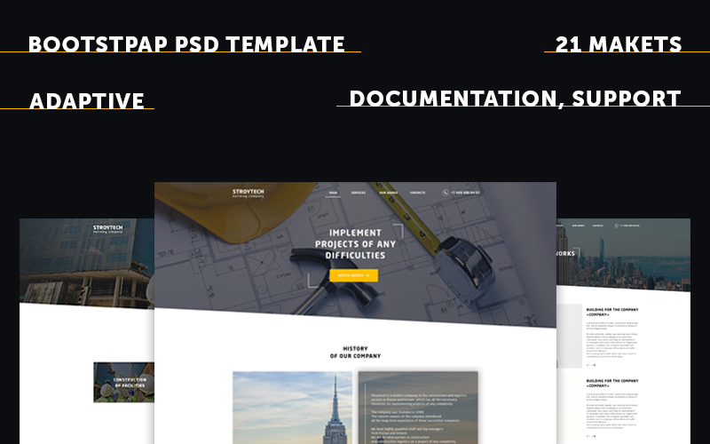 Download PSD шаблон "Building Responsive PSD Template" / Building Responsive PSD Template - PSD шаблон на тему промышленность business site building industrial industrialtemplate businesscardsite multipage multipagesite psd cool flat yellow psdtemplate