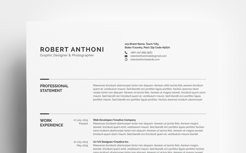 Download Резюме "Clean Resume - Designer/Developer/Photographer Resume Template" / Clean Resume - Designer/Developer/Photographer Resume Template - Резюме на тему персональная страница resume,cv,template,design,writing,creative,clean,modern,minimalist,professional,mac,pages,word,photoshop,illustrator,coverletter,instant,download,a4,us