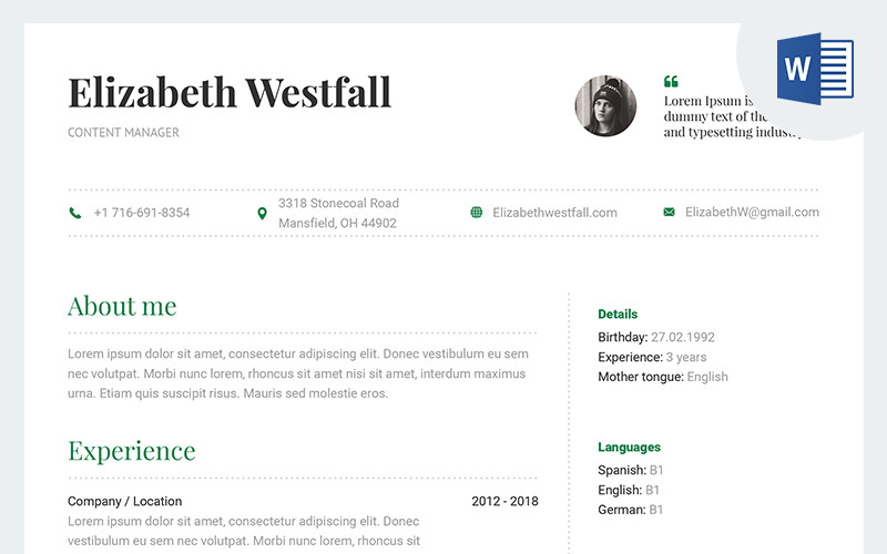 Download Резюме "Пример резюме управляющего магазином" / Elizabeth Westfall - Content Manager Resume Template - Резюме на тему графика cv resume content manager