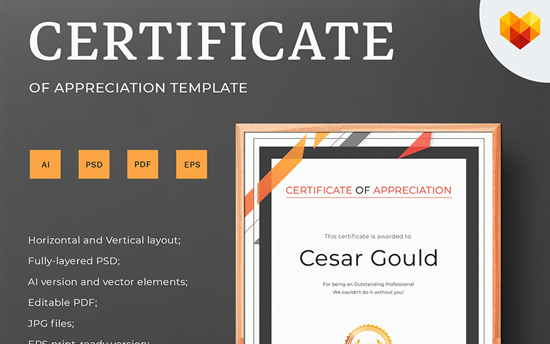 Download Шаблон сертификата "Cesar Gould - Appreciation Certificate Template" / Cesar Gould - Appreciation Certificate Template - Шаблон сертификата на тему графика membership attemdance accredited certification recognition printed award graphic psd identity corporate customizable a4 editable diploma standard formal certificate appreciation graduation