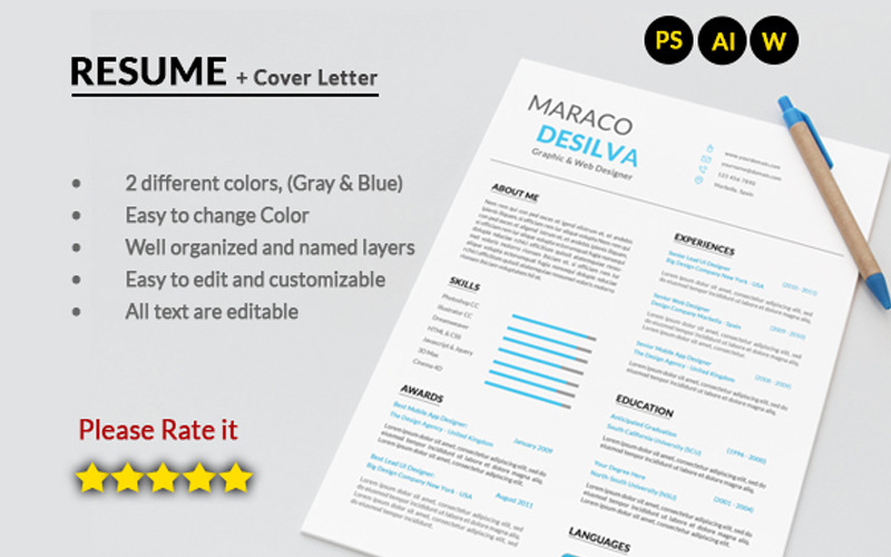 Download Резюме "Maraco Desilva Graphic / Web Designer - Resume Template" / Maraco Desilva Graphic / Web Designer - Resume Template - Резюме на тему графика clean cv resume cover letter creative curriculum vitae design template editable elegant indesign job light portfolio professional word simple typography