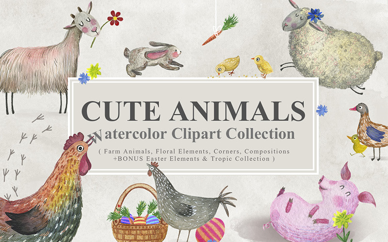Download Коллекция акварельных изображений животных / Cute Animals -  Watercolor Collection - Illustration - Иллюстрация на тему графика watercolor clipart artwork animals farm easter cute flower floristic flora decoration invitation high resolution handcrafted hand sketched textures bright child