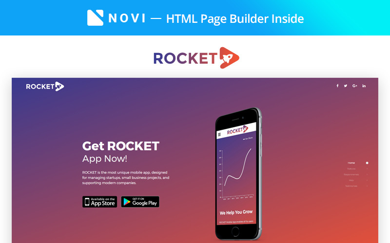 Rocket: fabulosa agencia de creación de aplicaciones compatible con la plantilla de página de destino de Novi Builder