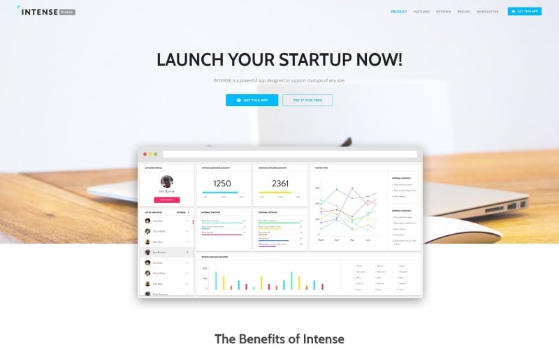 Intense - Мобільний додаток стартап-компанії із вбудованим шаблоном цільової сторінки Novi Builder