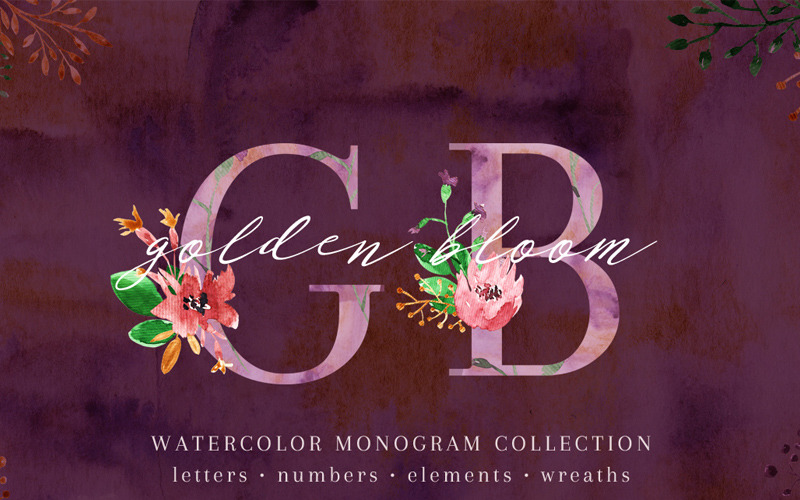 Download Коллекция шрифтов / Golden Bloom - Monogram - Illustration - Иллюстрация на тему графика flower floral alphabet monogram set collection watercolor wedding branding branch purple violet gold golden invitation bloom
