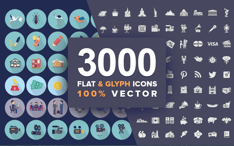 Download Набор иконок "Jumbo Flat-Glyph Icons Pack Set" / Jumbo Flat-Glyph Icons Pack Set - Адаптивный Набор иконок на тему графика vector illustrations pictograms flat ios android webdesigns infographics animals persons socialmedia technology transport emojis sports music web arrows signs symbols