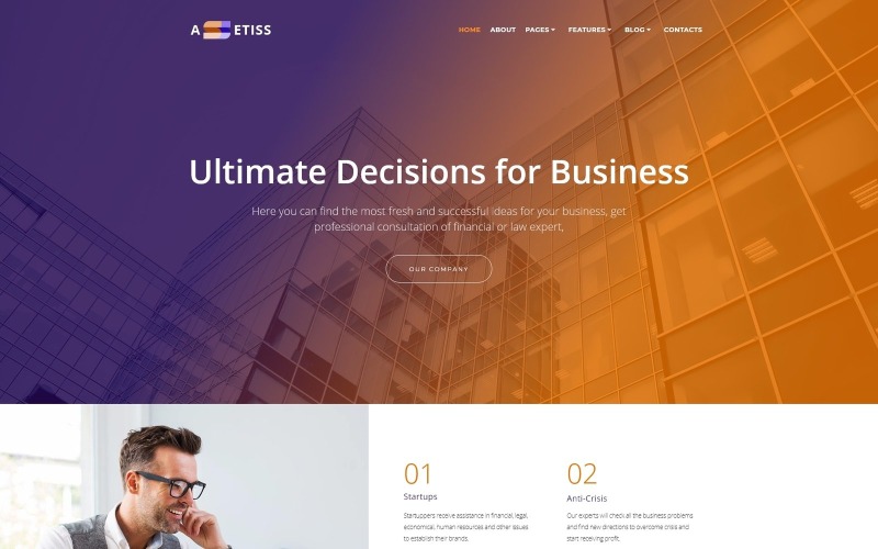 Assetiss - motyw WordPress Elementor z nowoczesnym doradcą biznesowym