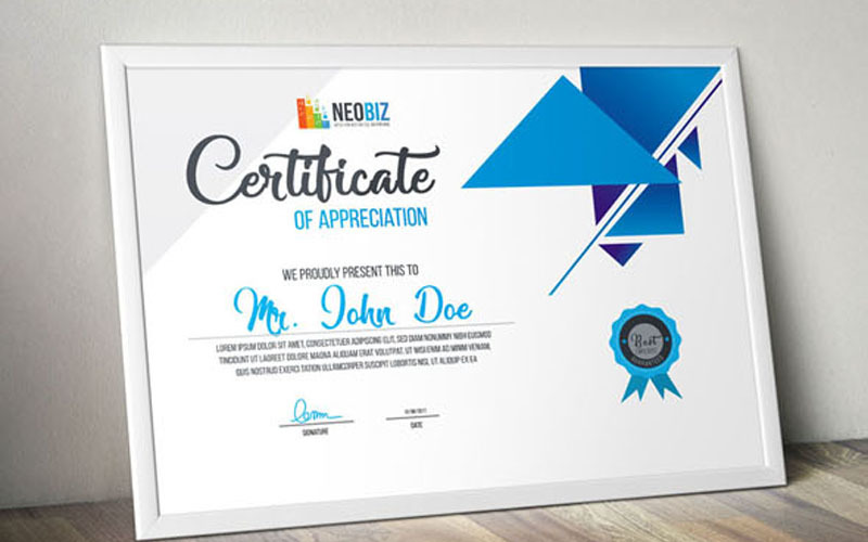 Download Шаблон сертификата "NeoBiz - Modern Certificate Certificate Template" / NeoBiz - Modern Certificate Certificate Template - Шаблон сертификата на тему графика tags a4 achievement awarded business card certificate clen cmyk color colorful cool exclusive personal use print ready purpose recognition training