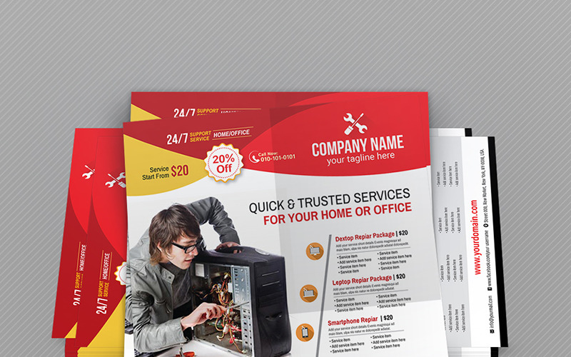 Download Фирменный стиль "Computer Repair or Servicing Flyer - Corporate Identity Template" / Computer Repair or Servicing Flyer - Corporate Identity Template - Фирменный стиль на тему графика battery broken business computer repair damaged electronics fix ipad laptop magazine ad pc service accessories electric mac maintenance notebook product