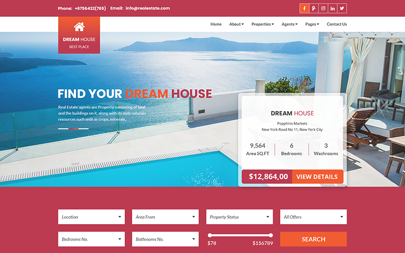 Download PSD шаблон "Dream House - Real Estate Business PSD Template" / Dream House - Real Estate Business PSD Template - Адаптивный PSD шаблон на тему агентство недвижимости apartment appointment-booking home home-sale housing listing property property-sale real-estate realtor realty rentals single-property single-property-sale agents apartments booking business 