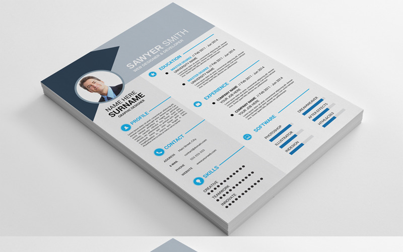 Download Резюме "Sawyer Smith Resume Template" / Sawyer Smith Resume Template - Резюме на тему графика creative resume clean booklet curriculum vitae bio-data green gray black multipurpose hi-res hi quality professional business brand corporate cv complete