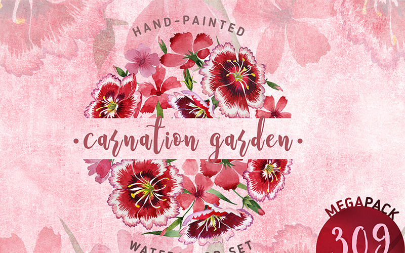 Download Иллюстрация "Carnation Garden PNG Watercolor Set - Illustration" / Carnation Garden PNG Watercolor Set - Illustration - Иллюстрация на тему графика watercolor illustration drawing background textile colorful drawn paint carnation plant pink wildflower seasonal foliage flower sprout stem botanical garden floral