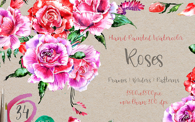 Holiday Pink Roses - PNG Watercolour - Ilustração
