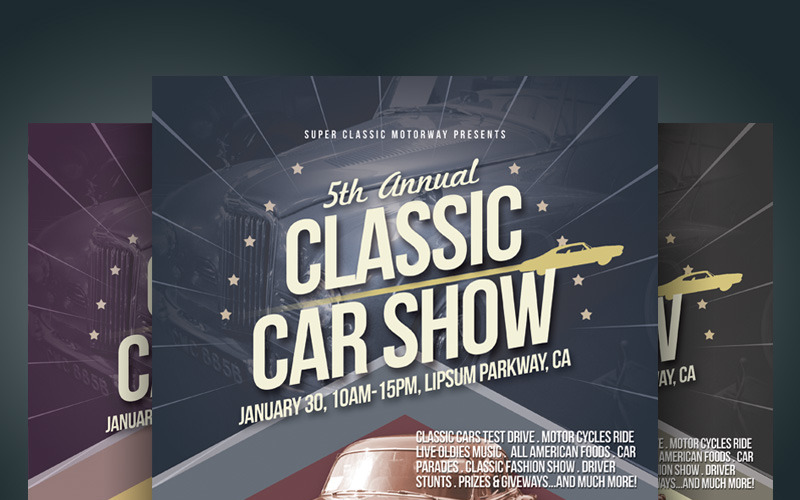 Download Фирменный стиль "Classic Car Show Flyer - Corporate Identity Template" / Classic Car Show Flyer - Corporate Identity Template - Фирменный стиль на тему графика ad advert auto automotive car classic drive flyer leaflet motor cycle old pamphlet parade retro ride show test wheel vintage