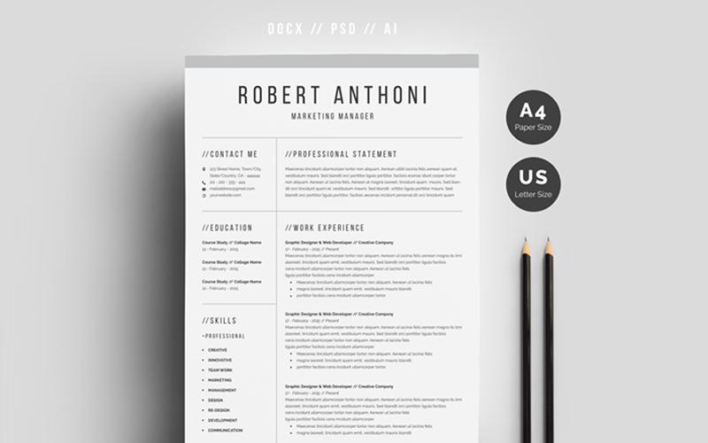 Download Резюме "Robert Anthoni Clean Resume Template" / Robert Anthoni Clean Resume Template - Резюме на тему персональная страница resume,cv,template,trmplate,clean,modern,creative,infographic,personal,professional,mac,pages,word