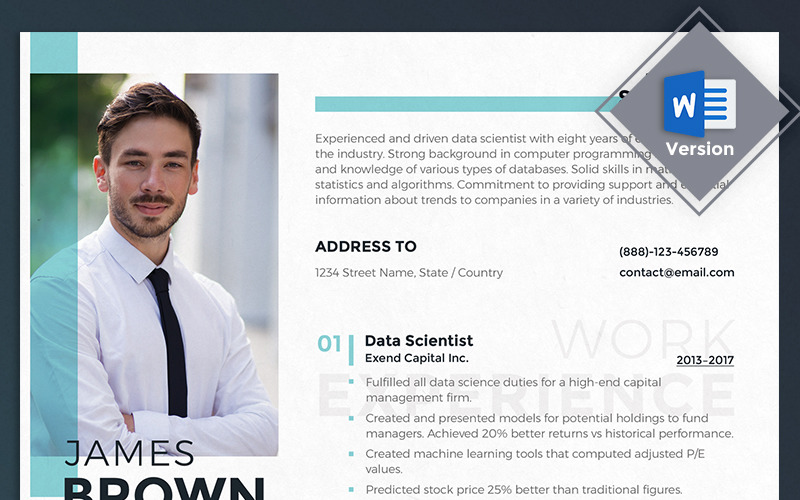 Download Резюме "James Brown - Data Scientist Resume Template" / James Brown - Data Scientist Resume Template - Резюме на тему графика resume zip doc docx cover letter cv data scientist card