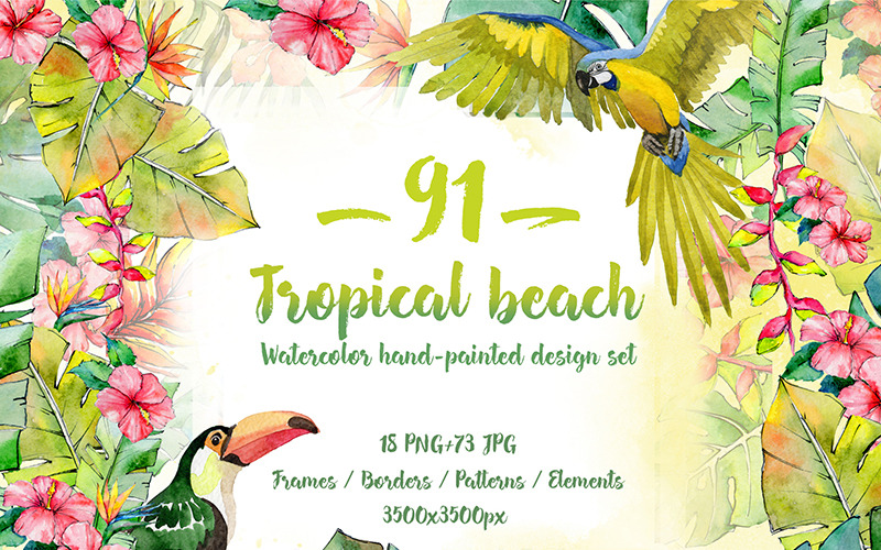 Download Иллюстрация "Tropical Beach PNG Watercolor Set - Illustration" / Tropical Beach PNG Watercolor Set - Illustration - Иллюстрация на тему графика watercolor illustration green drawing background colorful drawn paint leaf plant wildflower seasonal foliage flower sprout tropical beach stem textile botanical