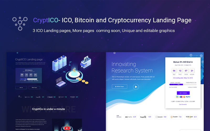 Download PSD шаблон "CryptICO - Bitcoin, ICO and Cryptocurrency Landing Page PSD Template" / CryptICO - Bitcoin, ICO and Cryptocurrency Landing Page PSD Template - PSD шаблон на тему финансы bitcoin blockchain buy sell crypto trading cryptocurrency ico agency consulting landing template ethereum blog page