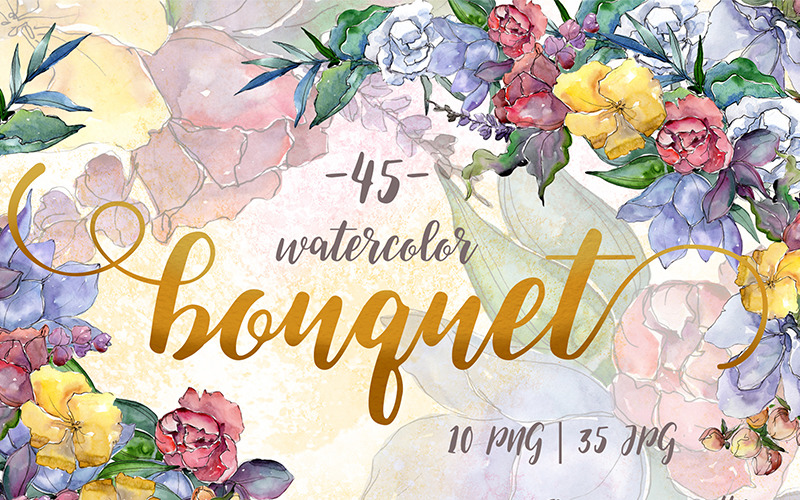 Download Иллюстрация "Watercolor Bouquet PNG Flower Set - - Illustration" / Watercolor Bouquet PNG Flower Set - - Illustration - Иллюстрация на тему графика watercolor illustration delicate drawing bouquet background peony rose colorful drawn paint leaf plant wildflower red seasonal foliage yellow flower sprout