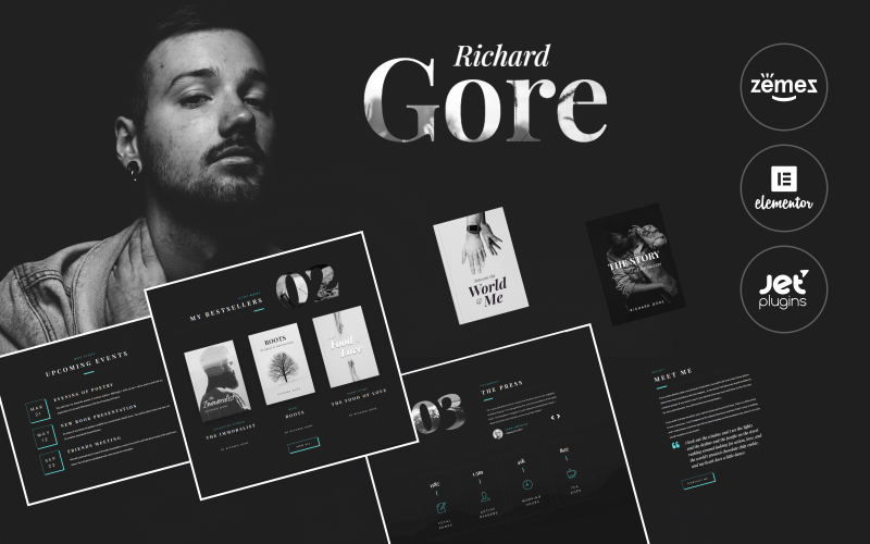 Richard Gore - Modelo de portfólio de escritor elegante com tema WordPress Elementor Builder