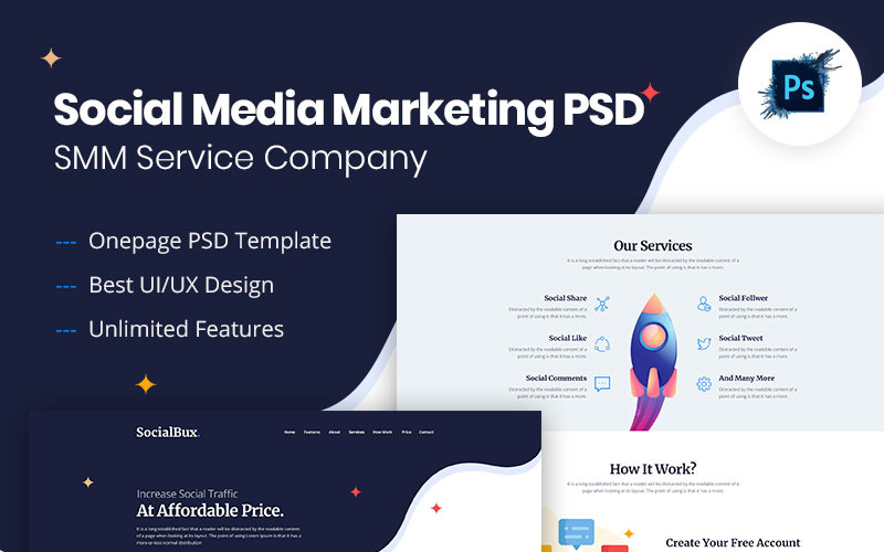 Download PSD шаблон "SocialBux SMM Service Provider PSD Template" / SocialBux SMM Service Provider PSD Template - Адаптивный PSD шаблон на тему маркетинговое агентство smm social marketing agency psd template unique clean minimal responsive