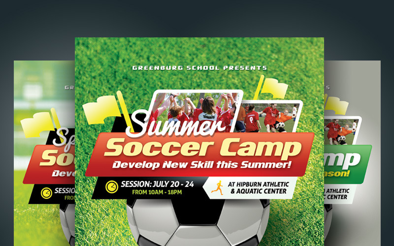 Download Фирменный стиль "Soccer Camp Flyers - Corporate Identity Template" / Soccer Camp Flyers - Corporate Identity Template - Фирменный стиль на тему графика ad advert break children clinic coaching competition event flyer football game kids leaflet match pamphlet school sport soccer training youth