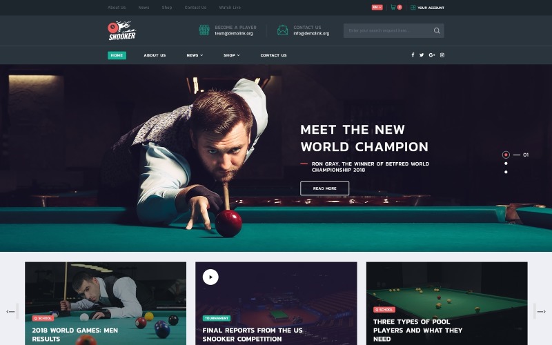 Snooker - kulečníková vícestránková webová šablona HTML5