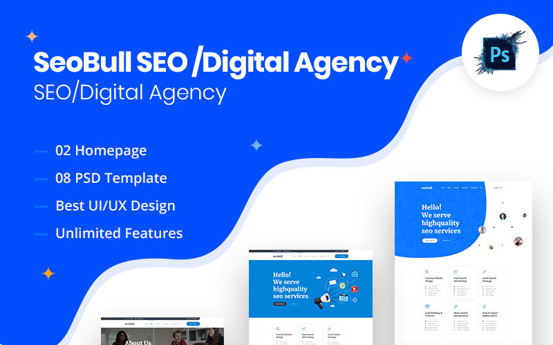Download PSD шаблон "SeoBull SEO /Digital Agency Website PSD Template" / SeoBull SEO /Digital Agency Website PSD Template - Адаптивный PSD шаблон на тему компания по разработке по agency business clean corporate creative digital flat marketing minimal modern multipurpose portfolio seo start-up psd