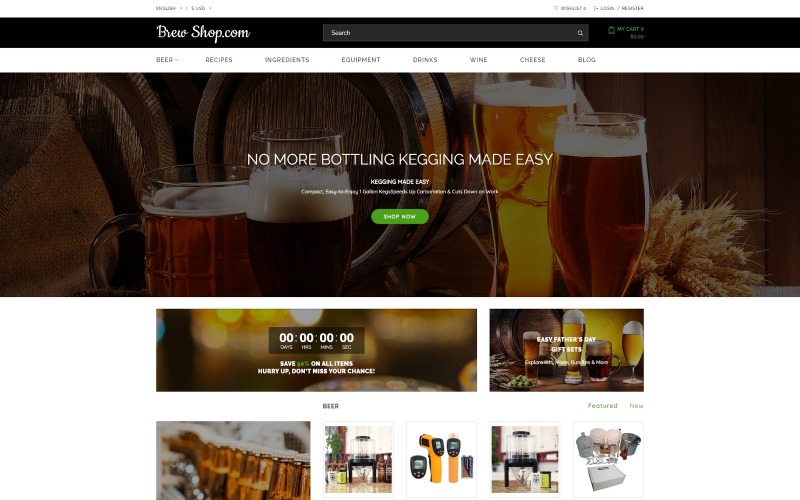 Brew Shop.com - Hatékony alkoholos webáruház OpenCart sablon