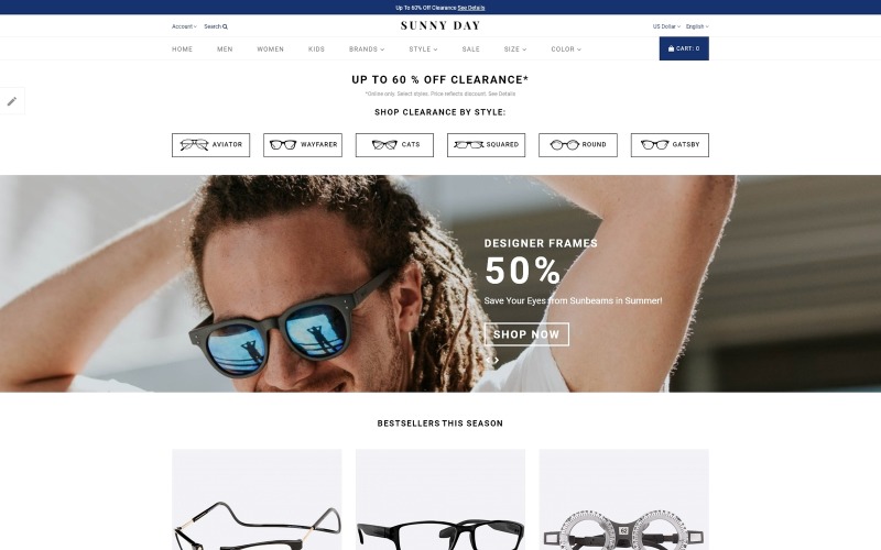 Dia ensolarado - Modelo de OpenCart da loja online de óculos elegantes