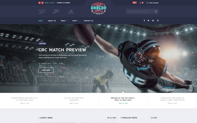 Reebok - Rugby Multipage HTML5 Šablona webových stránek