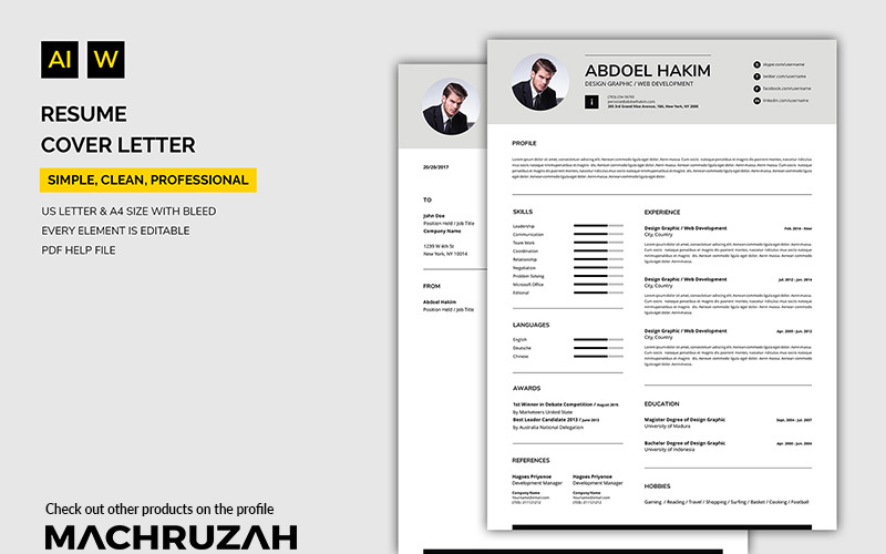 Download Резюме "Abdoel - Cover Letter / Resume Template" / Abdoel - Cover Letter / Resume Template - Резюме на тему графика resume template cv coverletter microsoftword creative design clean professional curriculumvitae modern simple word job